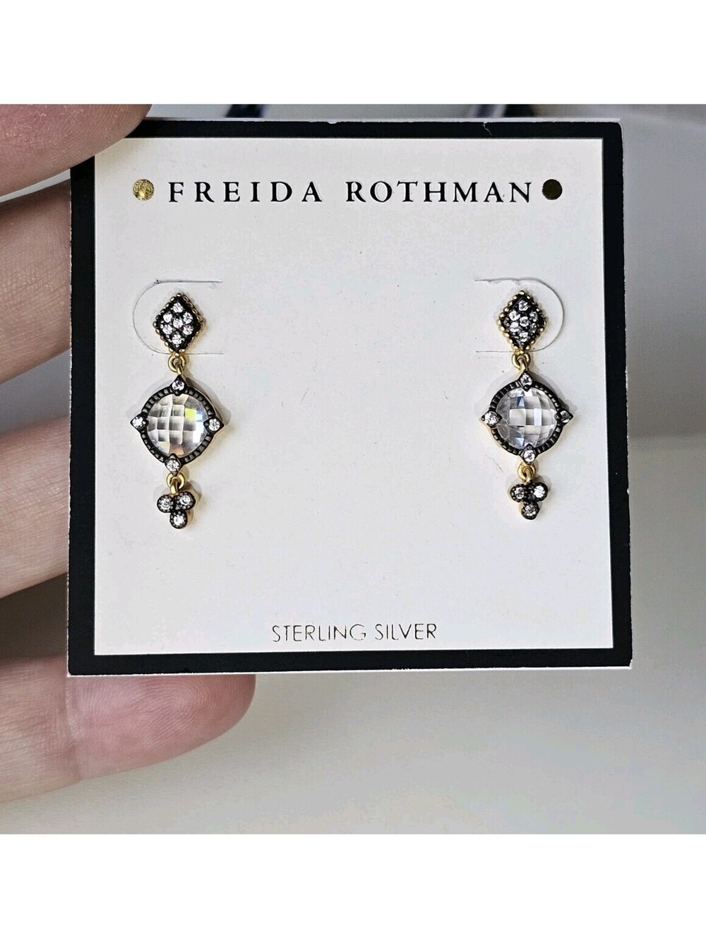 Freida Rothman Black Gold 925 Silver Signature Mirror Stone Drop Earrings - Picture 8 of 8